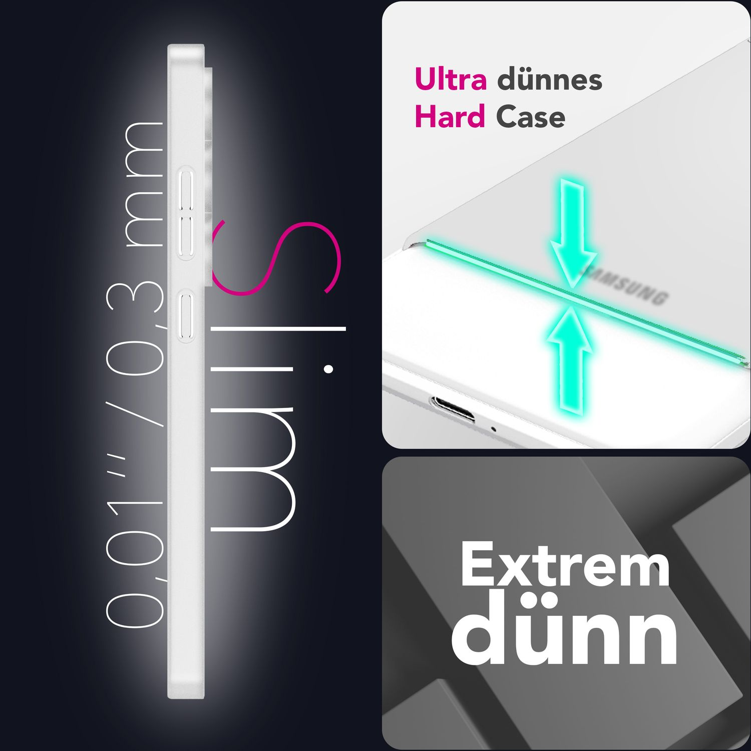 Weißes Handycase, Text sagt 'Slim' und 'Ultra dünnes Hard Case'. Details zur Dicke des Gehäuses.