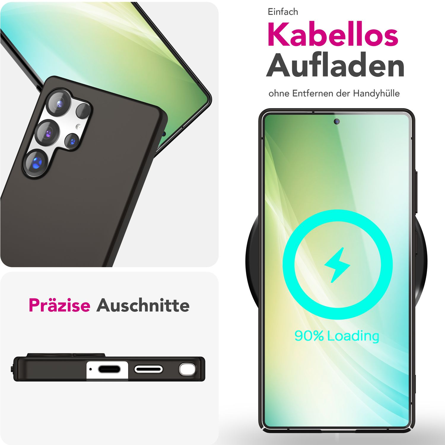 Ein Telefon mit schwarzem Gehäuse und ein kabelloses Ladegerät. Das Telefon zeigt den Ladestatus, 90%.