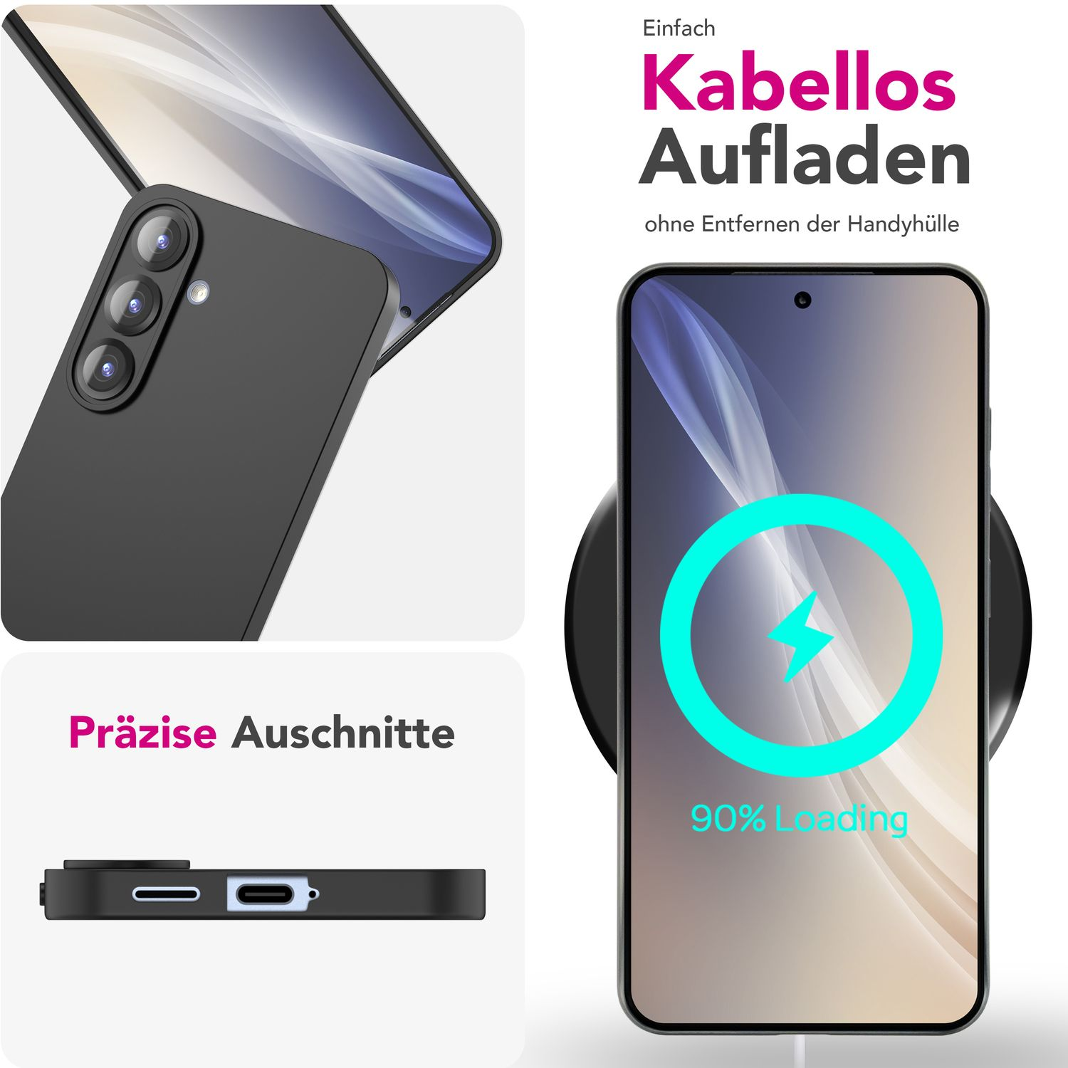 Schwarzes Telefon auf einem kabellosen Ladegerät, das 90 % Ladevorgang anzeigt. Abschnitte zeigen Telefondetails und präzise Ausschnitte.