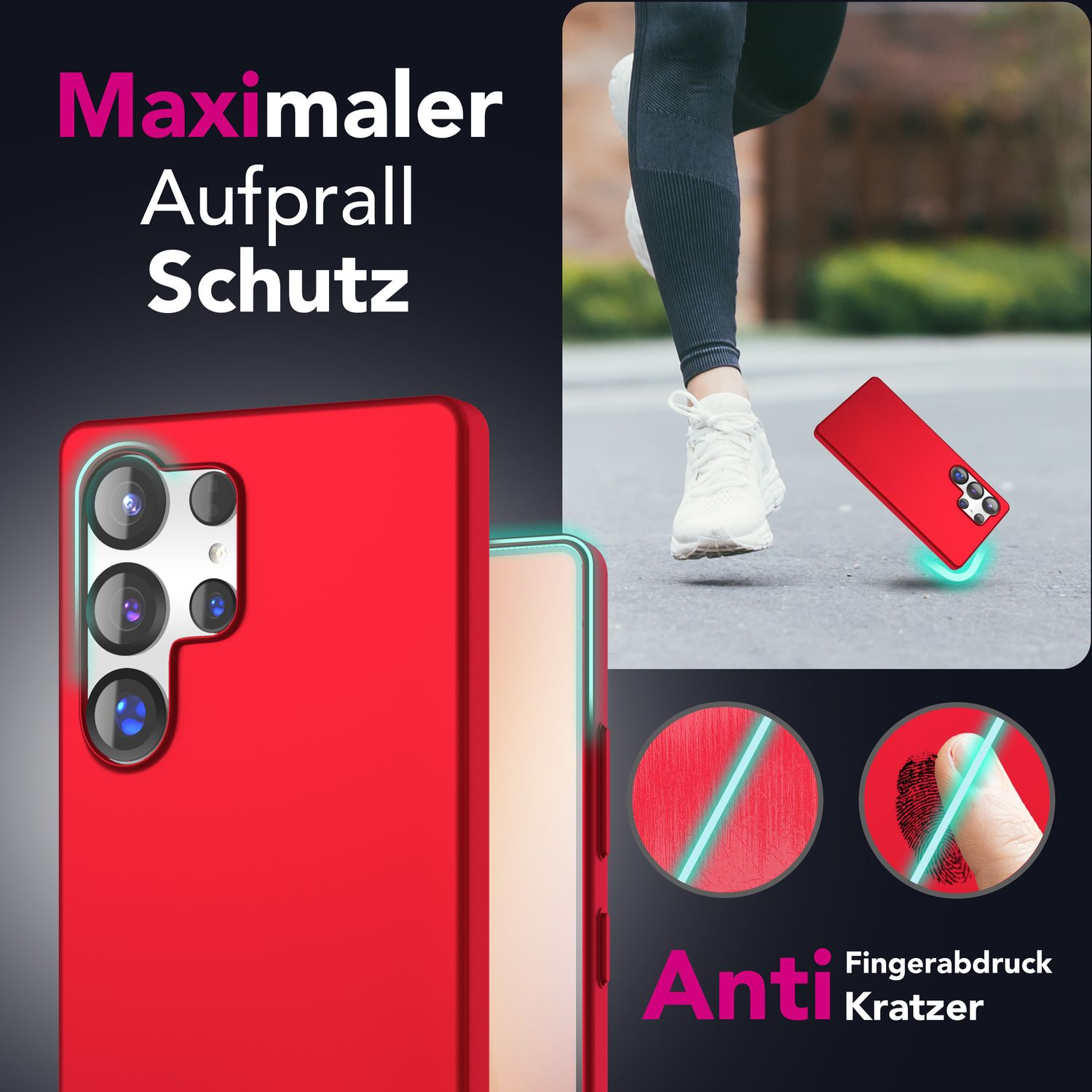 Rote Handyhülle mit laufender Person und Text. Zeigt Anti-Kratz- und Fingerabdruckschutz.