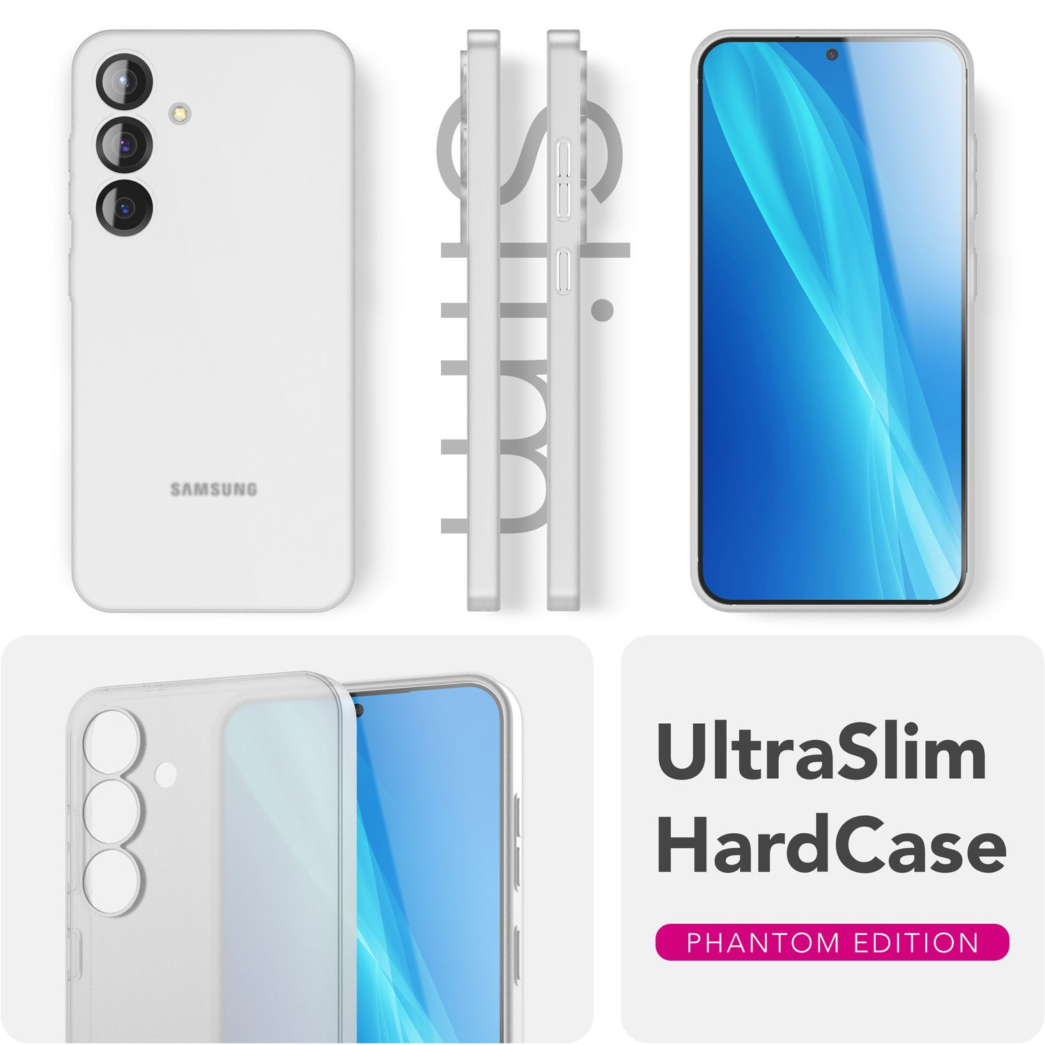 Ein weißes Telefon mit einer durchsichtigen Hülle, das verschiedene Blickwinkel zeigt. Die Hülle hebt die Funktionen und das Design hervor.