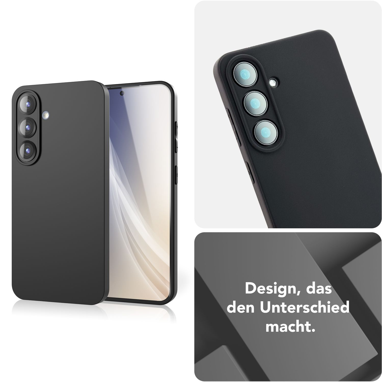 Schwarze Handyhülle auf einem Telefon. Designtext und Grafiken auf grauem Hintergrund.