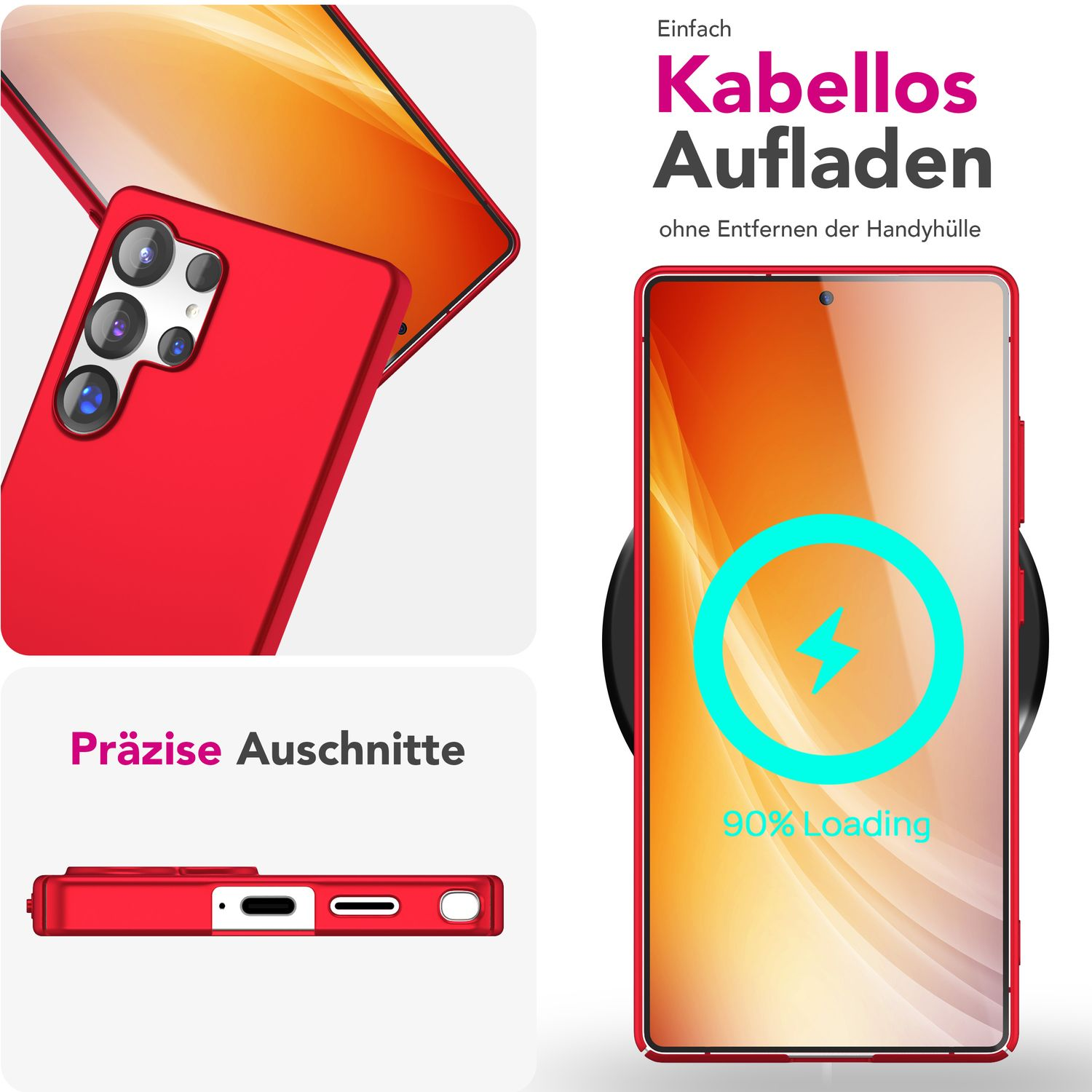 Ein rotes Telefon mit Ladestatus rechts, mit Nahaufnahme der Telefonfunktionen.