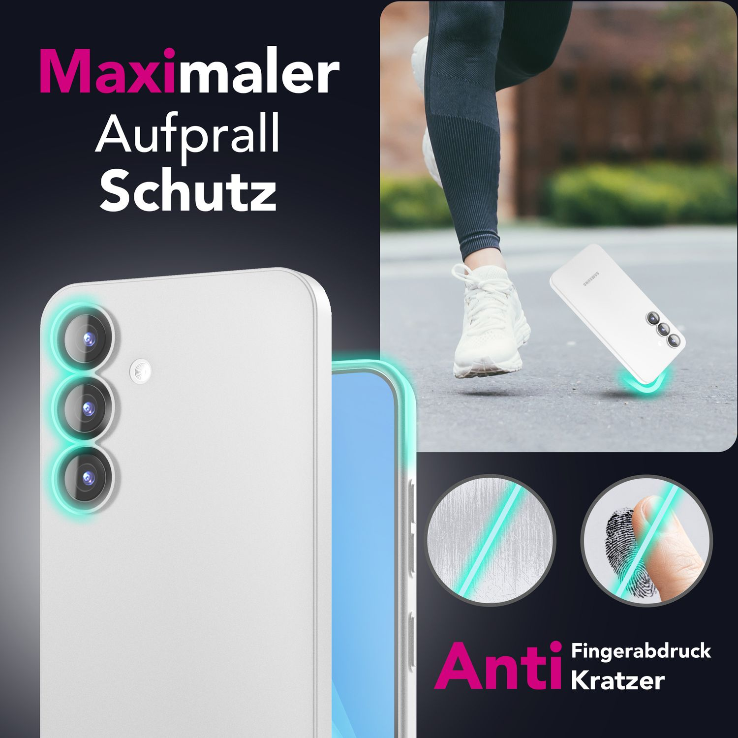 Weißes Handycase mit Kameralinsen und Anti-Kratz-Details, vor einer laufenden Person.
