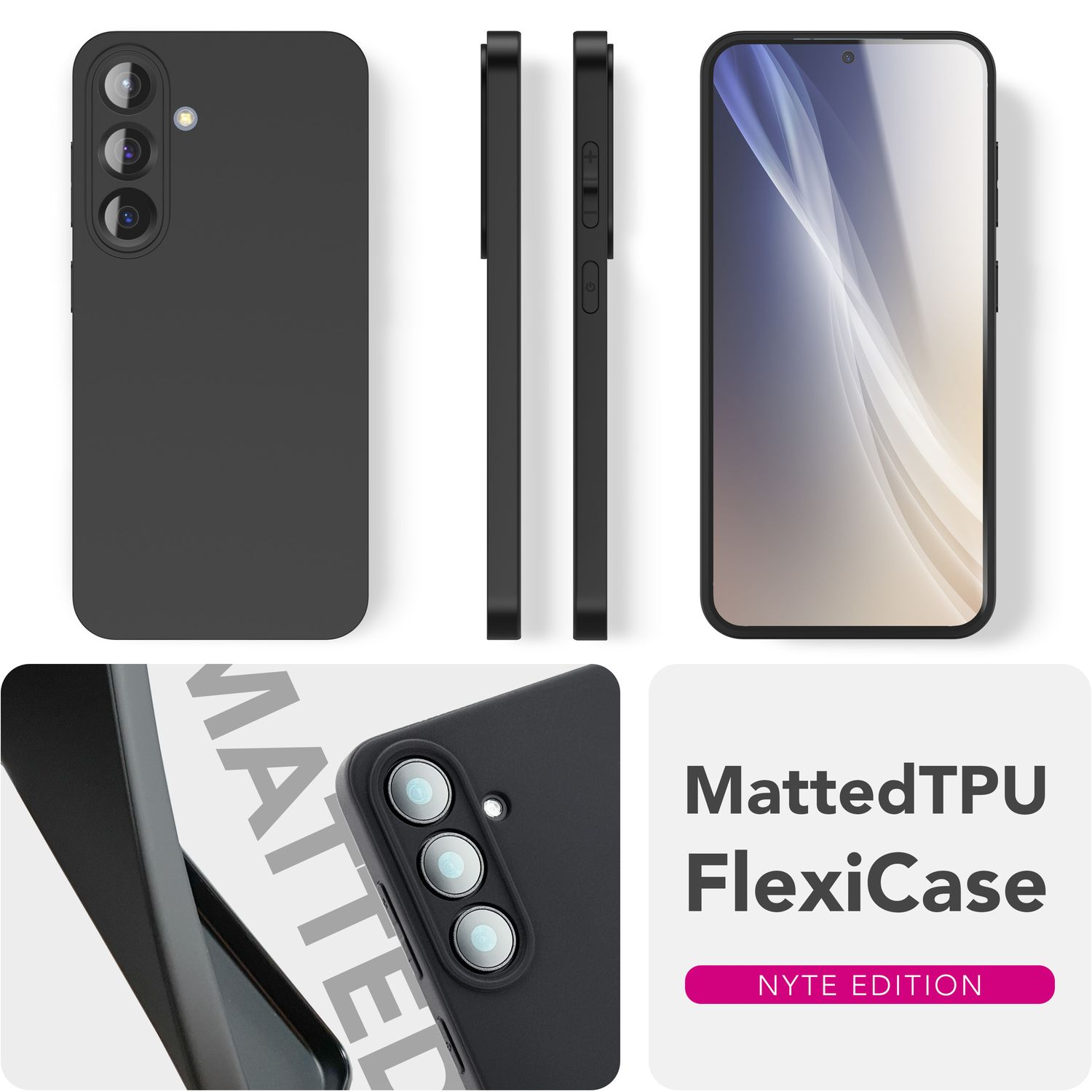 Schwarze Handyhülle mit Telefon. Verschiedene Ansichten, mit Hüllendetails.