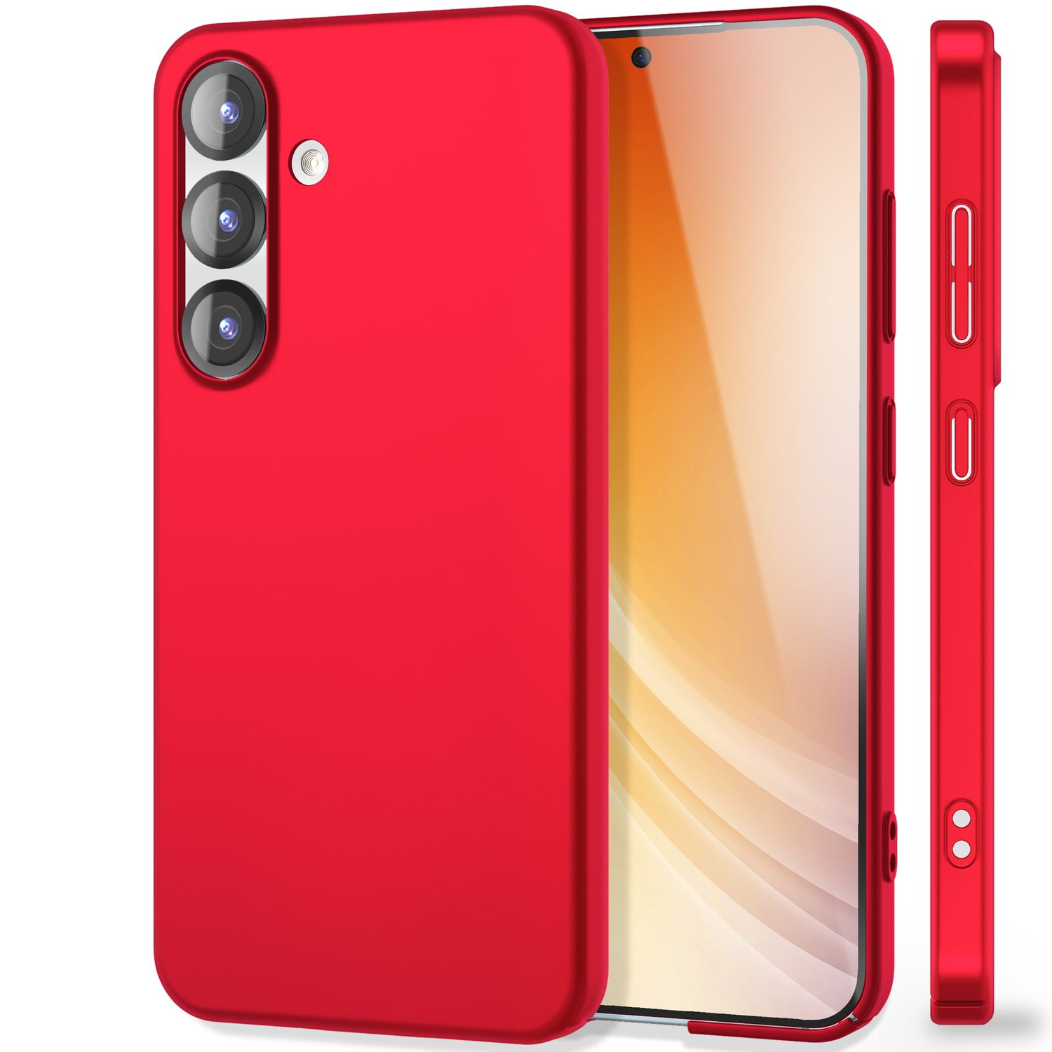 Rote Telefonhülle. Telefon befindet sich auf der rechten Seite. Drei Kameras sind auf der linken Seite sichtbar.
