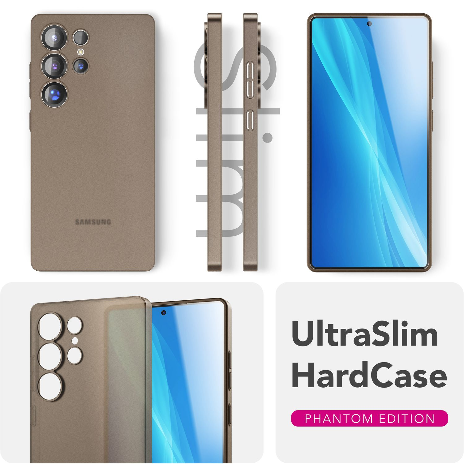 Ein Handy-Case-Set, mit Telefon und Case. Das Case ist braun. Weißer Hintergrund.