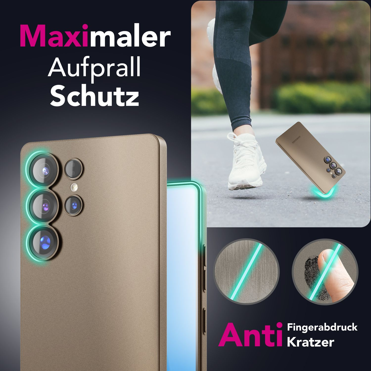 Ein Telefon in einer goldenen Hülle mit einer rennenden Person, die Kratz- und Stoßschutzfunktionen hervorhebt.