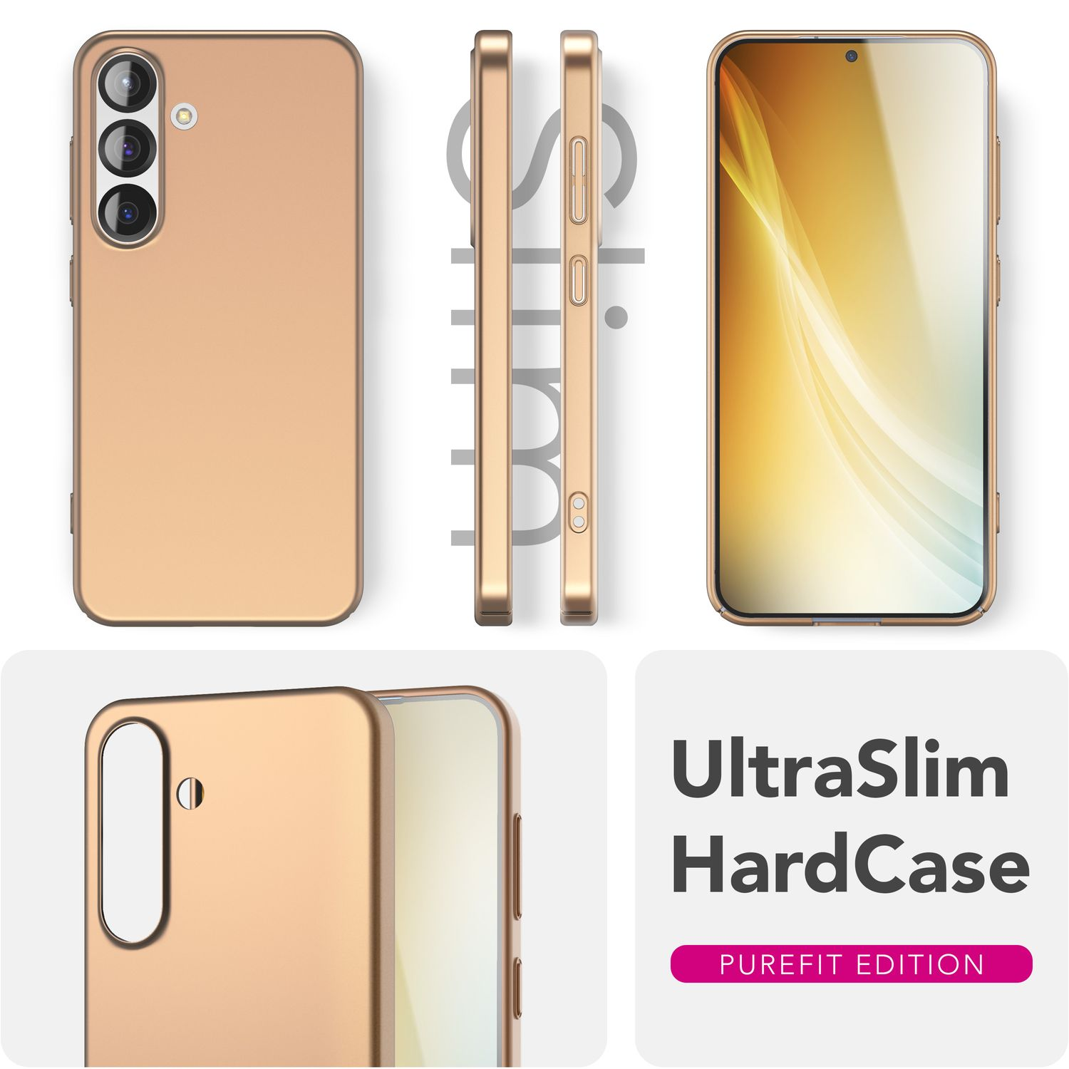 Goldene Handyhülle in mehreren Ansichten. Enthält Vorder-, Seiten- und Rückseite des Telefons. Text: UltraSlim HardCase, Purefit Edition.