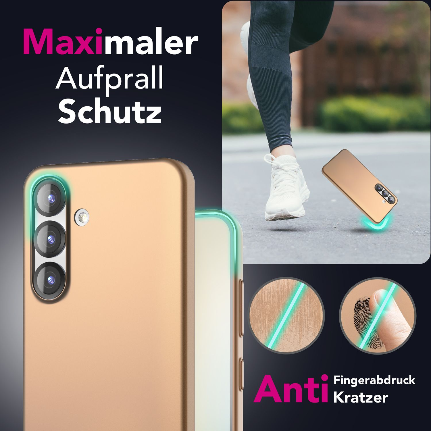 Goldene Handyhülle mit Text 'Maximaler Aufprall Schutz' und Anti-Kratz-Funktionen.