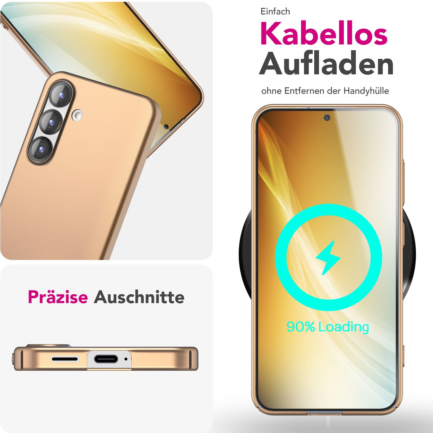 Ein goldenes Telefon in einer Hülle wird kabellos geladen. Der Text lautet „90 % Laden“.
