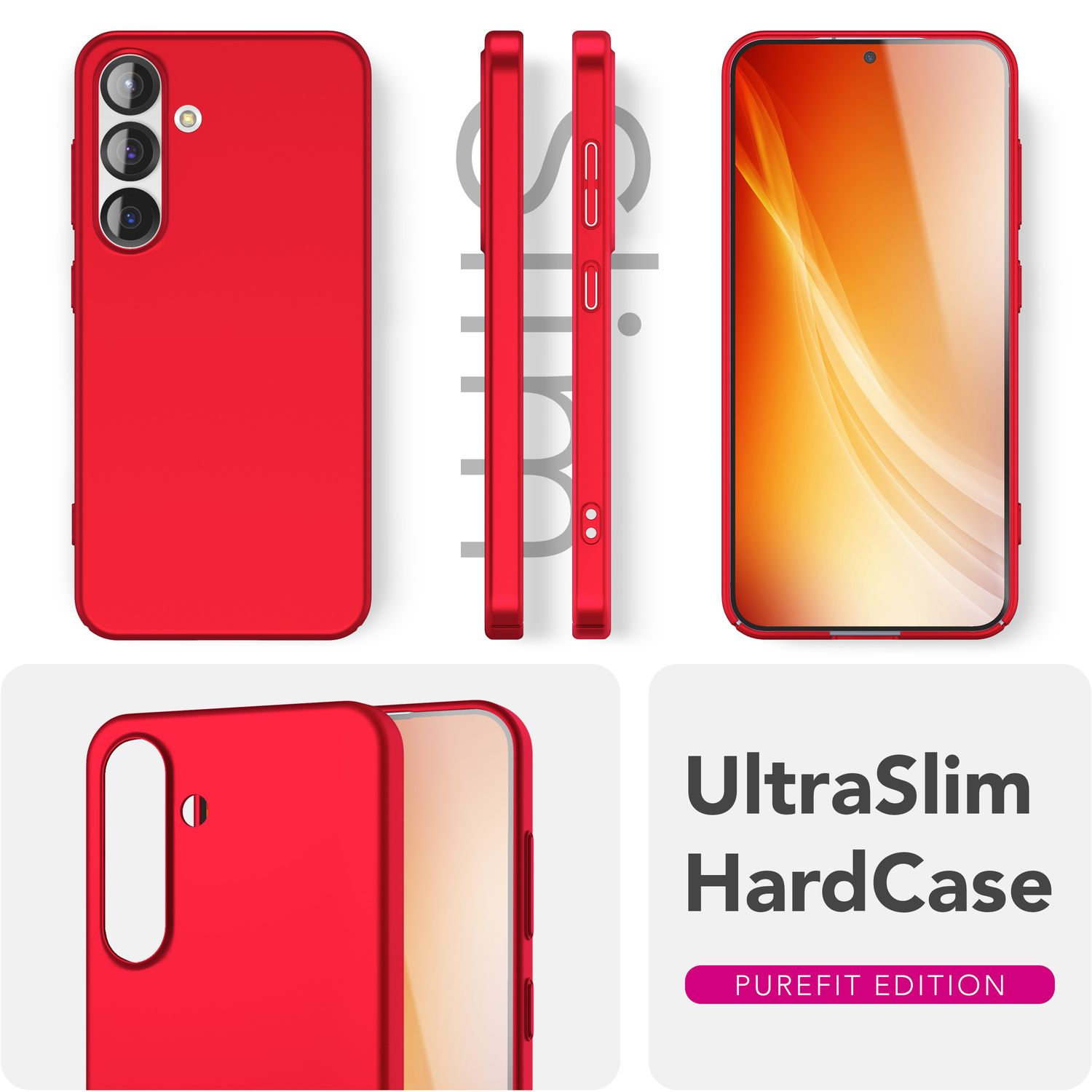 Eine rote Handyhülle in verschiedenen Ansichten, gekennzeichnet als UltraSlim HardCase.