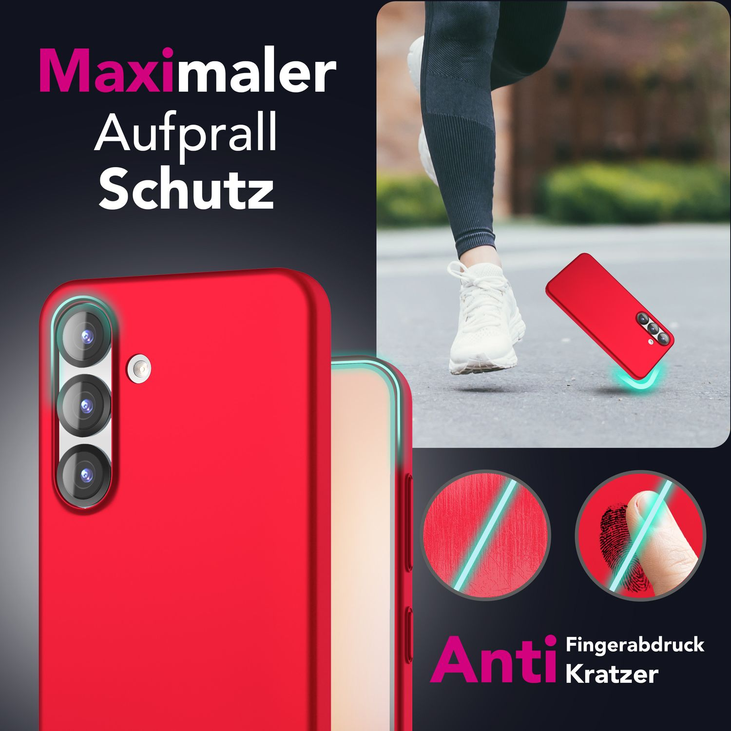 Rote Handyhülle mit Text über Aufprallschutz und Kratzschutz. Zeigt einen Läufer.