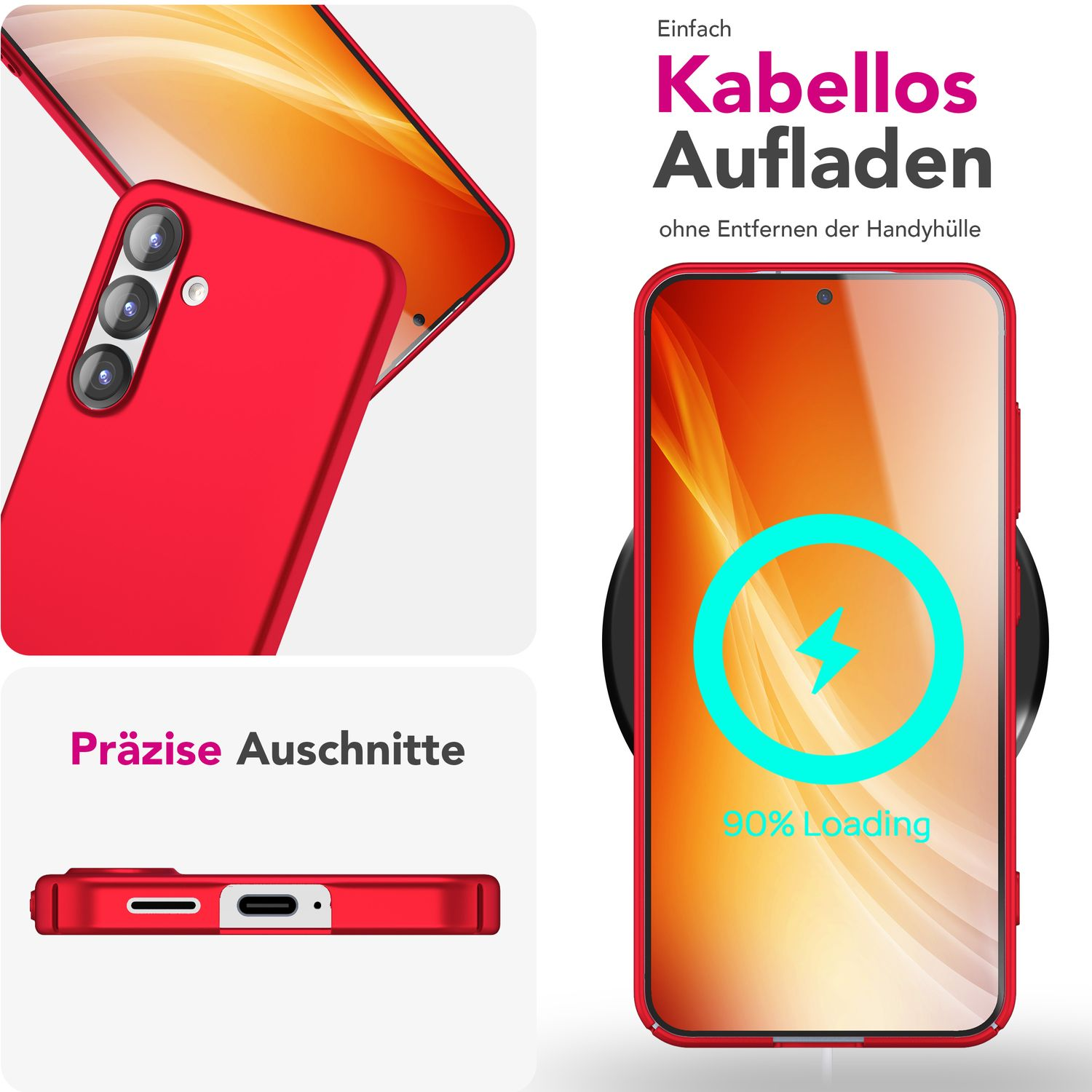 Rote Handyhülle auf Ladepad mit Text: '90% Loading'. Nahaufnahme der Telefondetails.