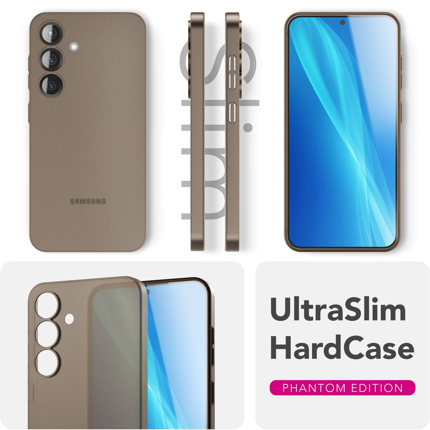 Braune Handyhülle mit einem Telefon. Text UltraSlim HardCase Phantom Edition.