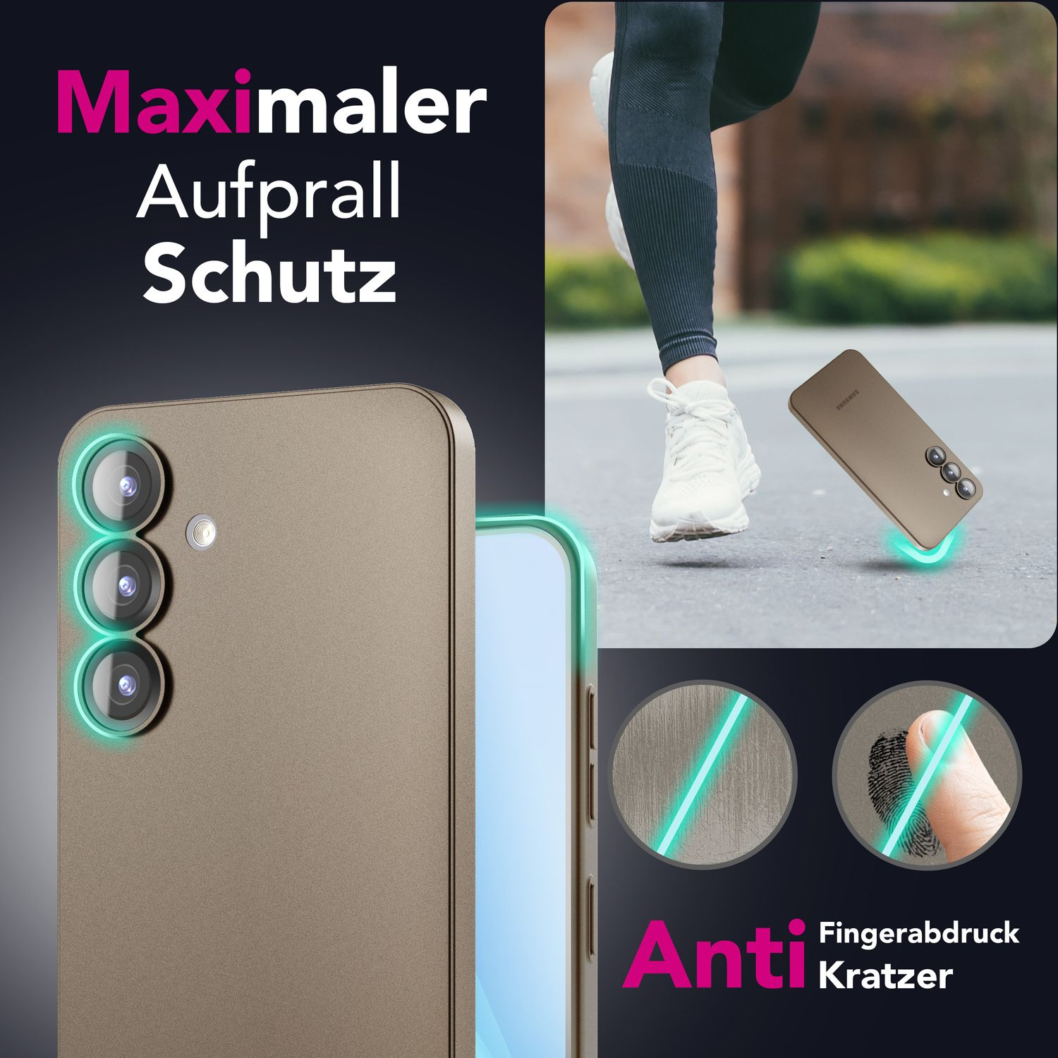 Eine Smartphone-Hülle mit einem Telefon, mit Text: Anti Kratzer. Die Beine und Füße einer Person im Hintergrund.