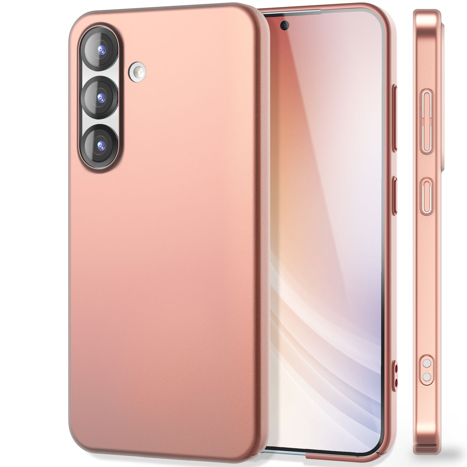 Roségoldenes Telefon mit Dreifachkamera. Eine Hülle ist auf dem Telefon, 3 Ansichten.