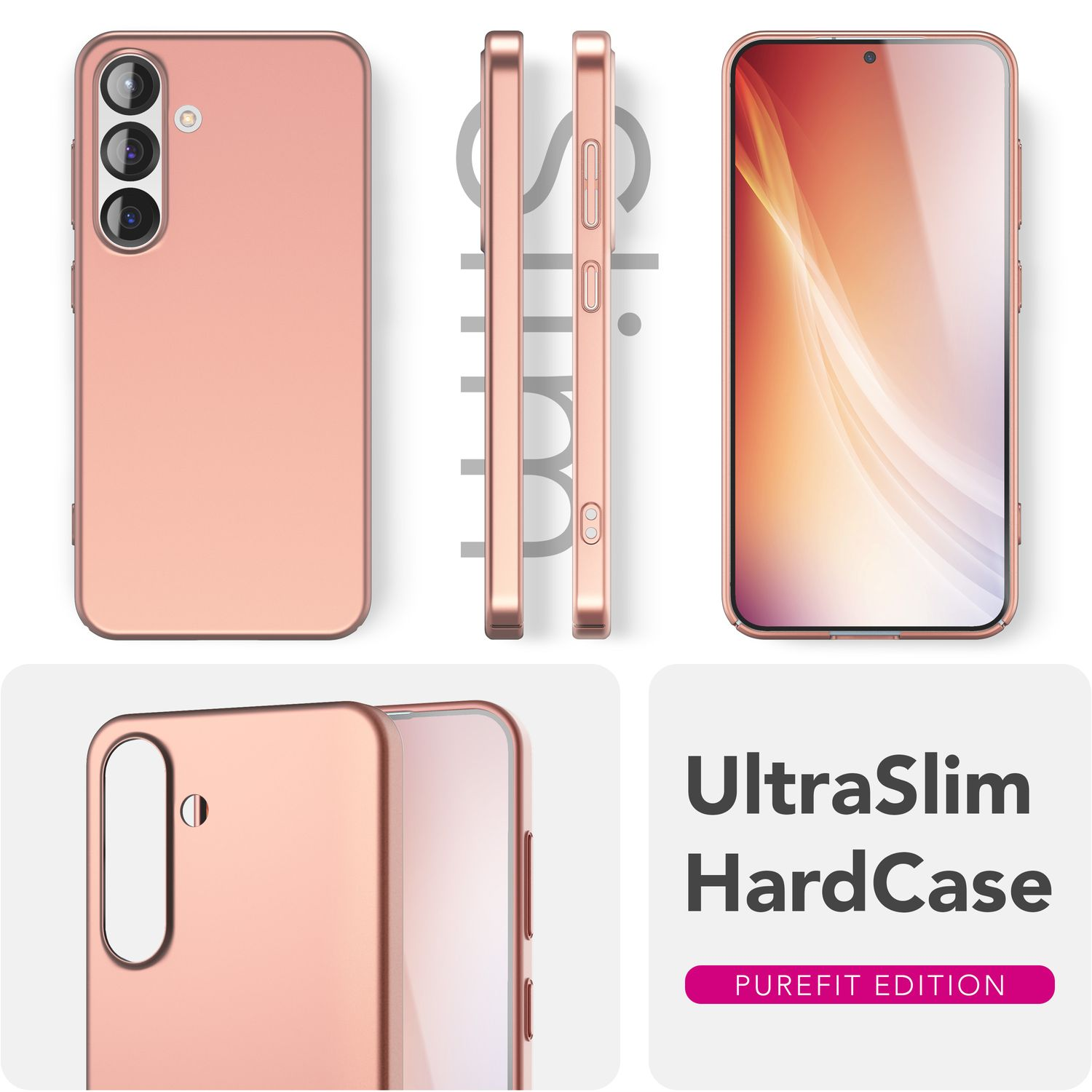 Eine pinkfarbene Smartphone-Hülle in mehreren Ansichten, die Design und Funktionen zeigt.