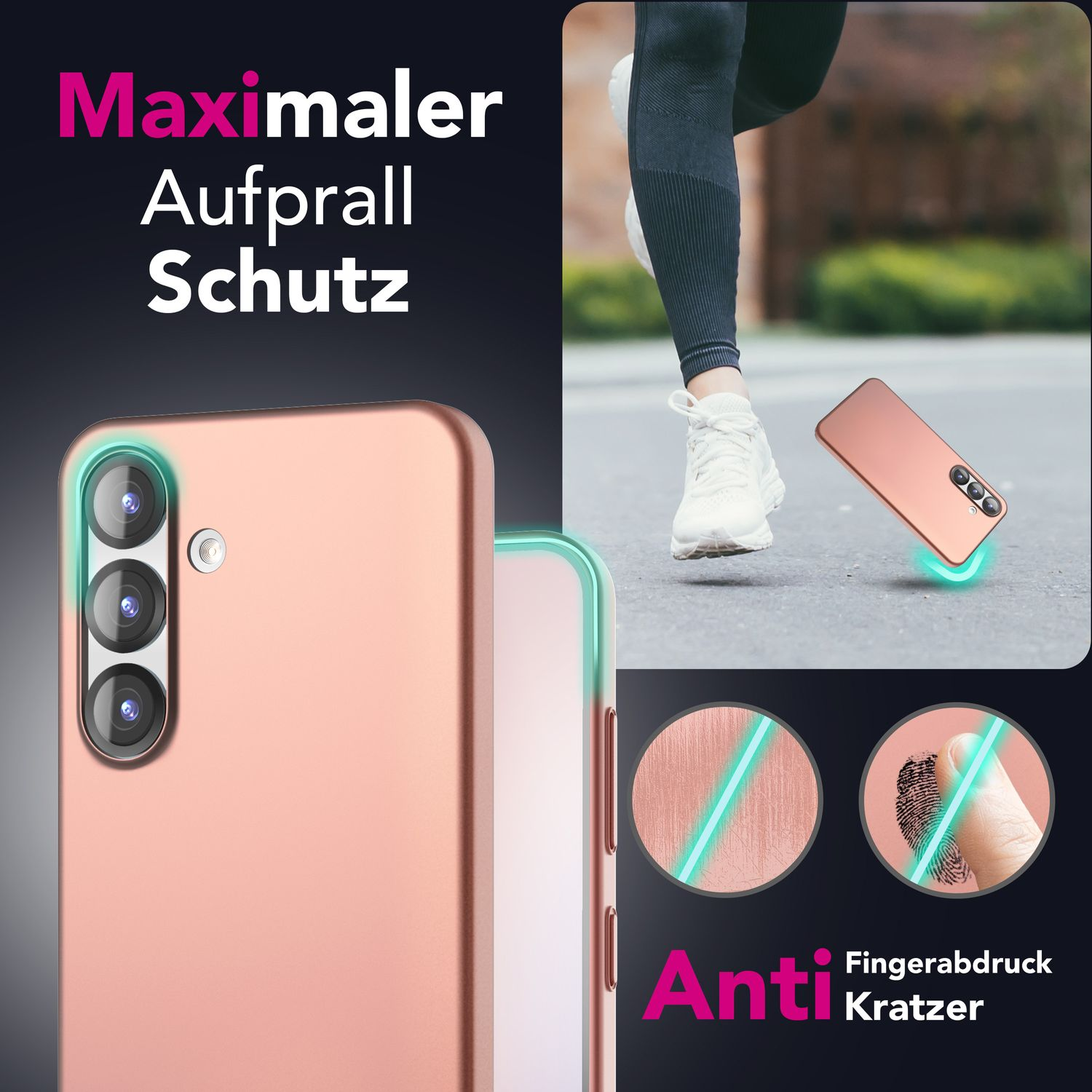 Rosa Handyhülle auf einer Oberfläche. Eine Person geht im Hintergrund.