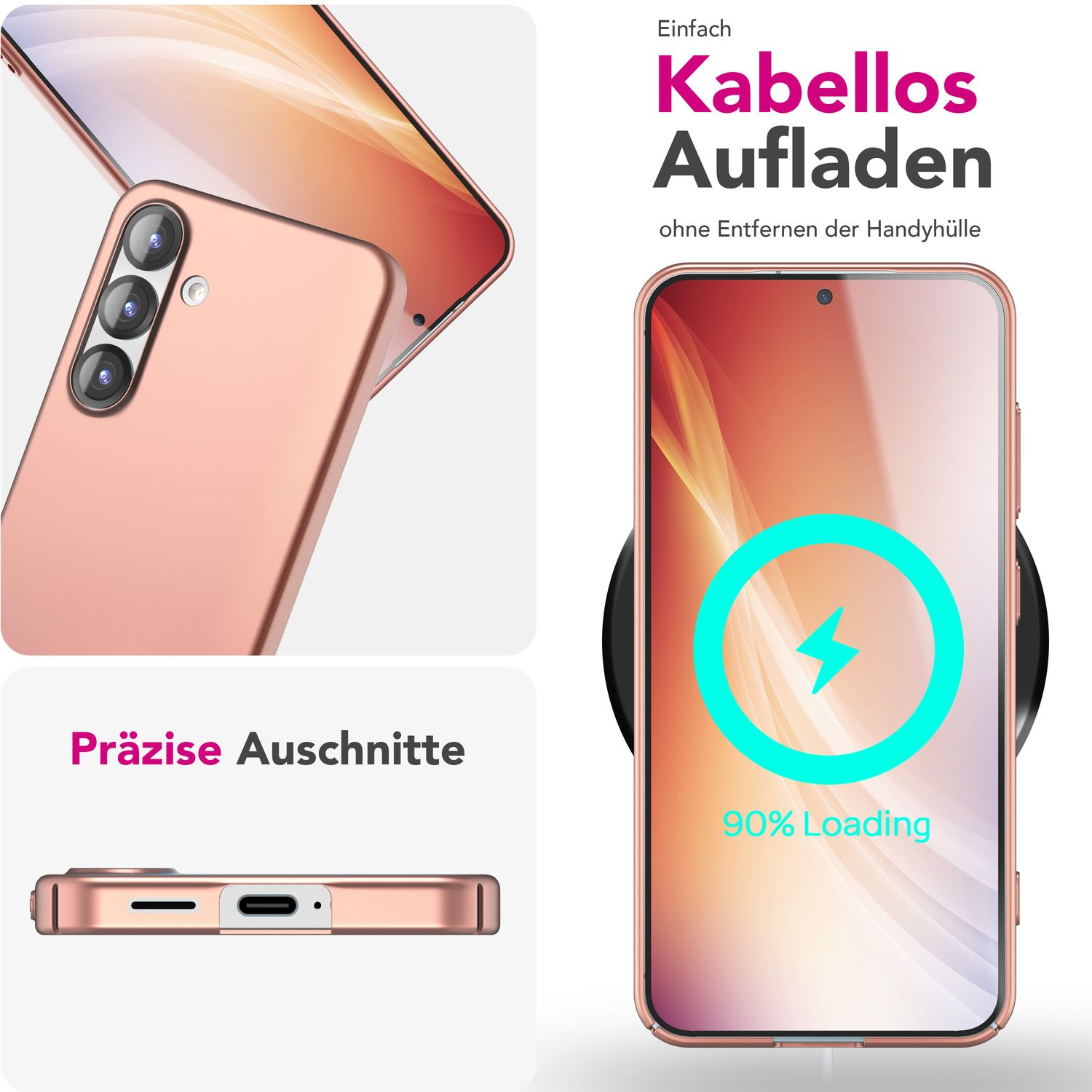 Roségoldenes Telefon mit Hülle, das kabellos geladen wird. Nahaufnahmen zeigen Details und Text.