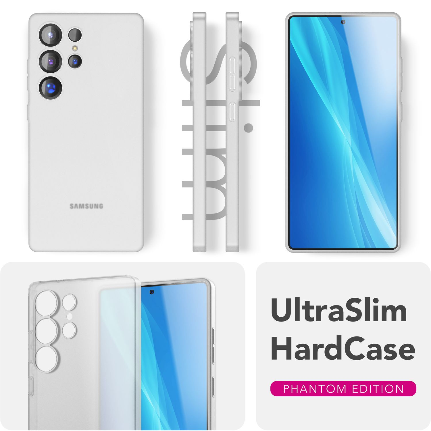 Weiße Handyhüllen-Mockups: Rückseite mit Kameras, Seitenansicht und Vorderansicht.