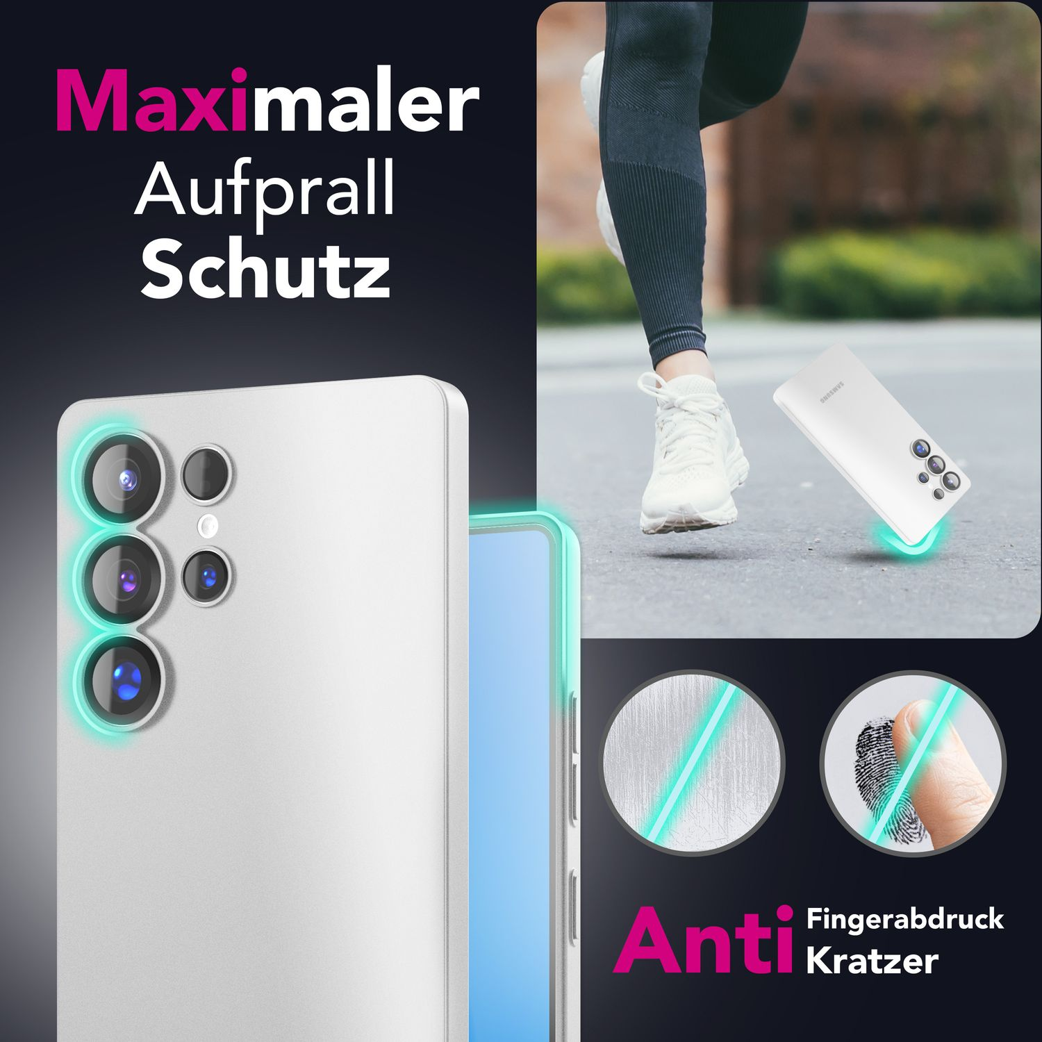 Eine weiße Handyhülle mit einer Person, die im Hintergrund läuft, zeigt Anti-Kratz-Details.