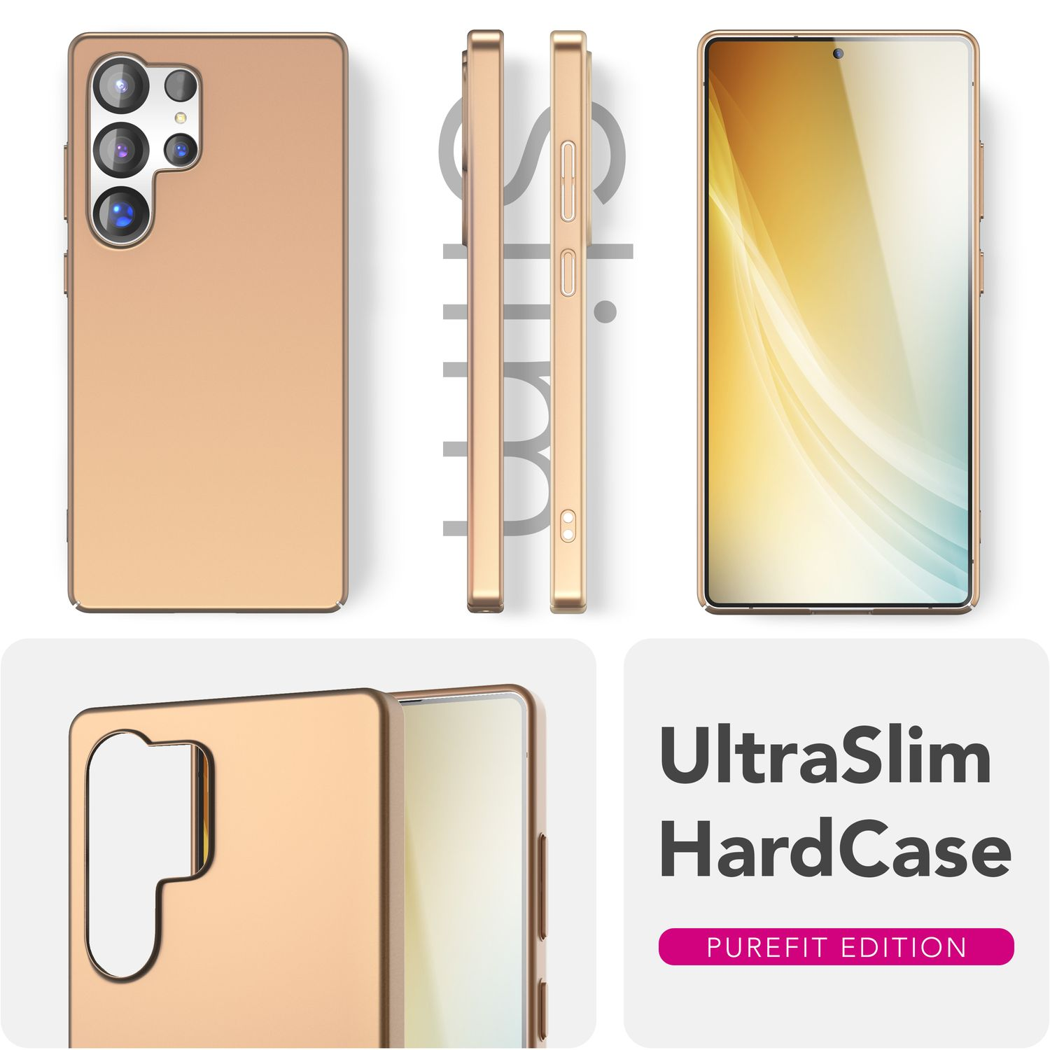 Goldene Handyhülle mit mehreren Ansichten, die schlankes Design und den Text 'UltraSlim HardCase' zeigen.