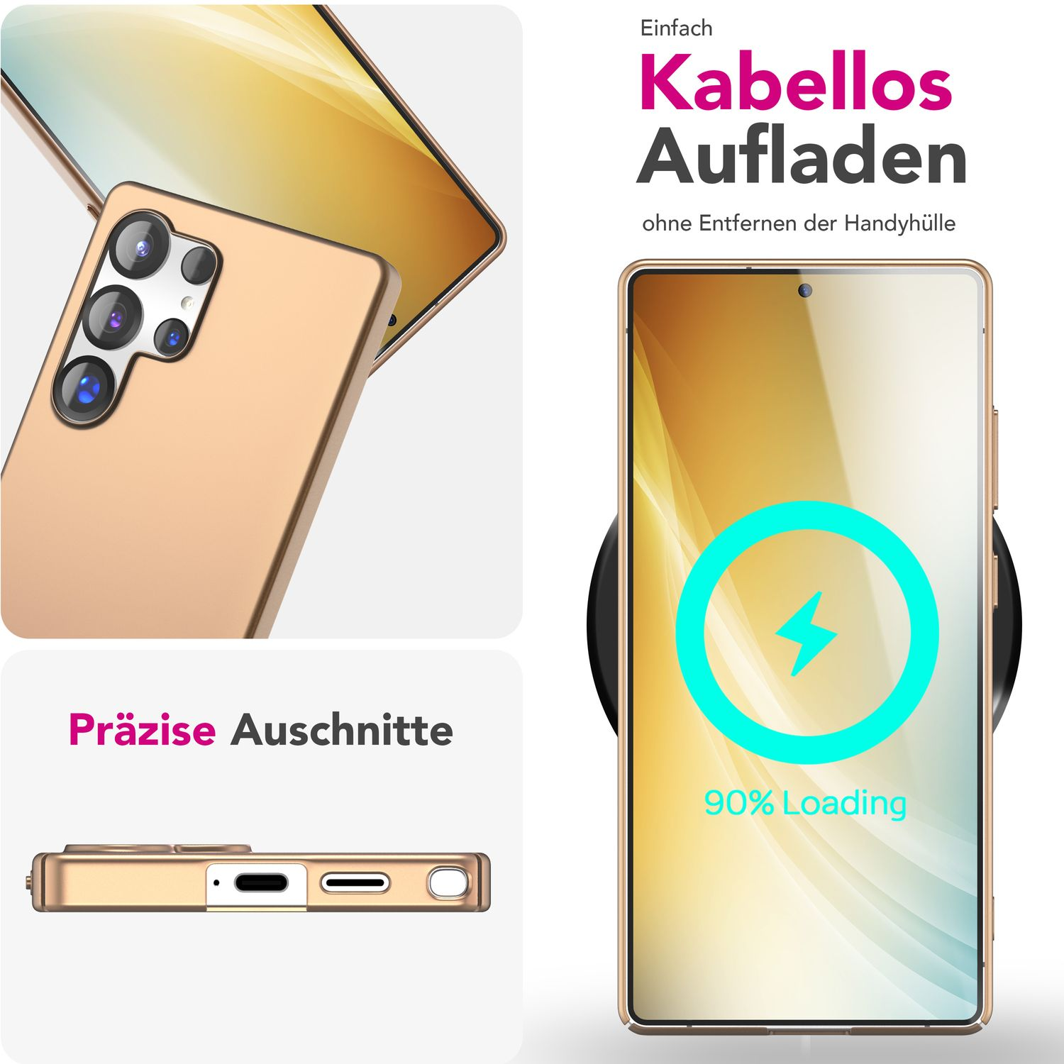 Telefon und Hülle mit kabelloser Ladeanzeige. Text: 90% Loading, Präzise Ausschnitte, und mehr.
