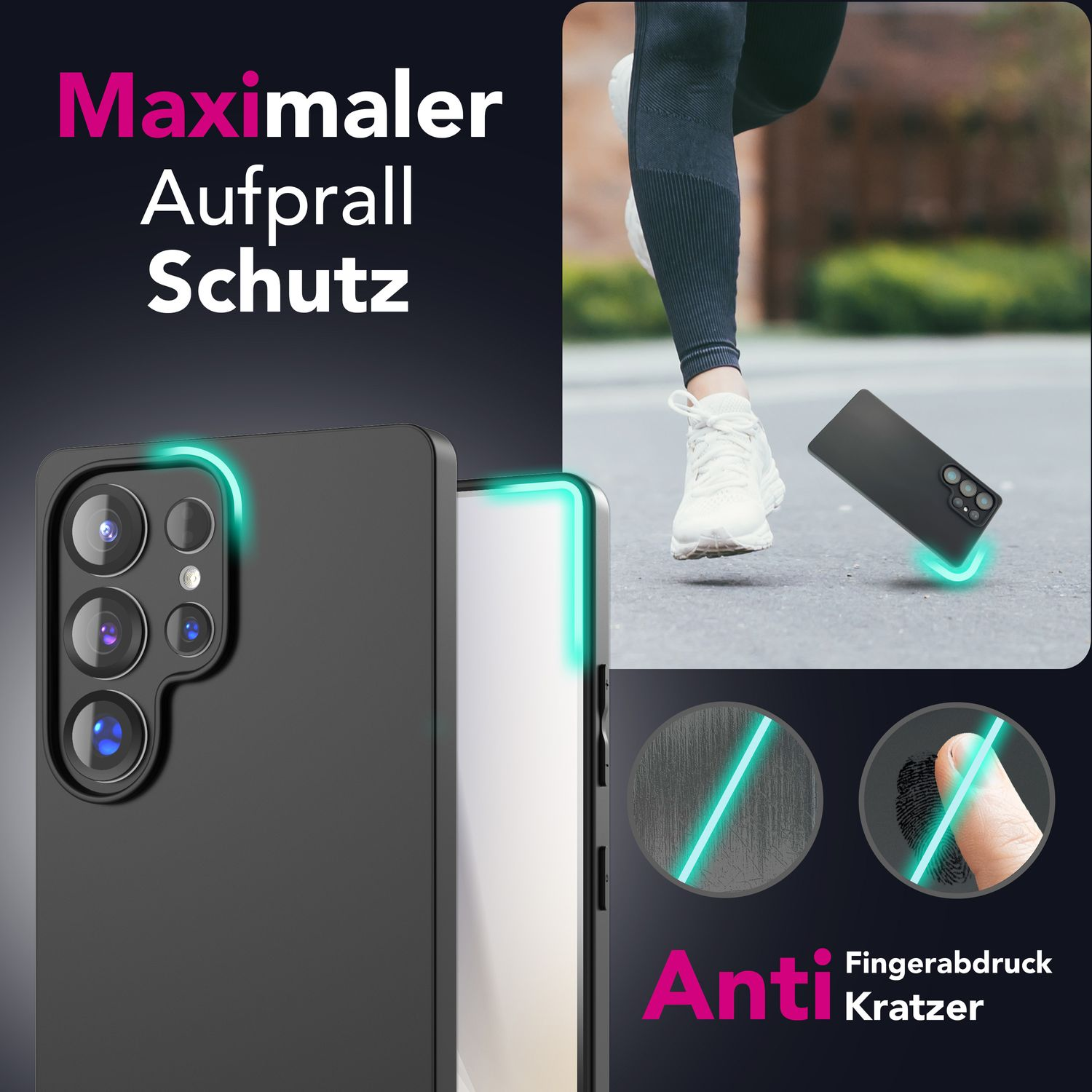 Schwarze Handyhülle mit einer rennenden Person und Anti-Kratz-Funktionen. Detail der Handyhülle und Fingerabdrucktextur.