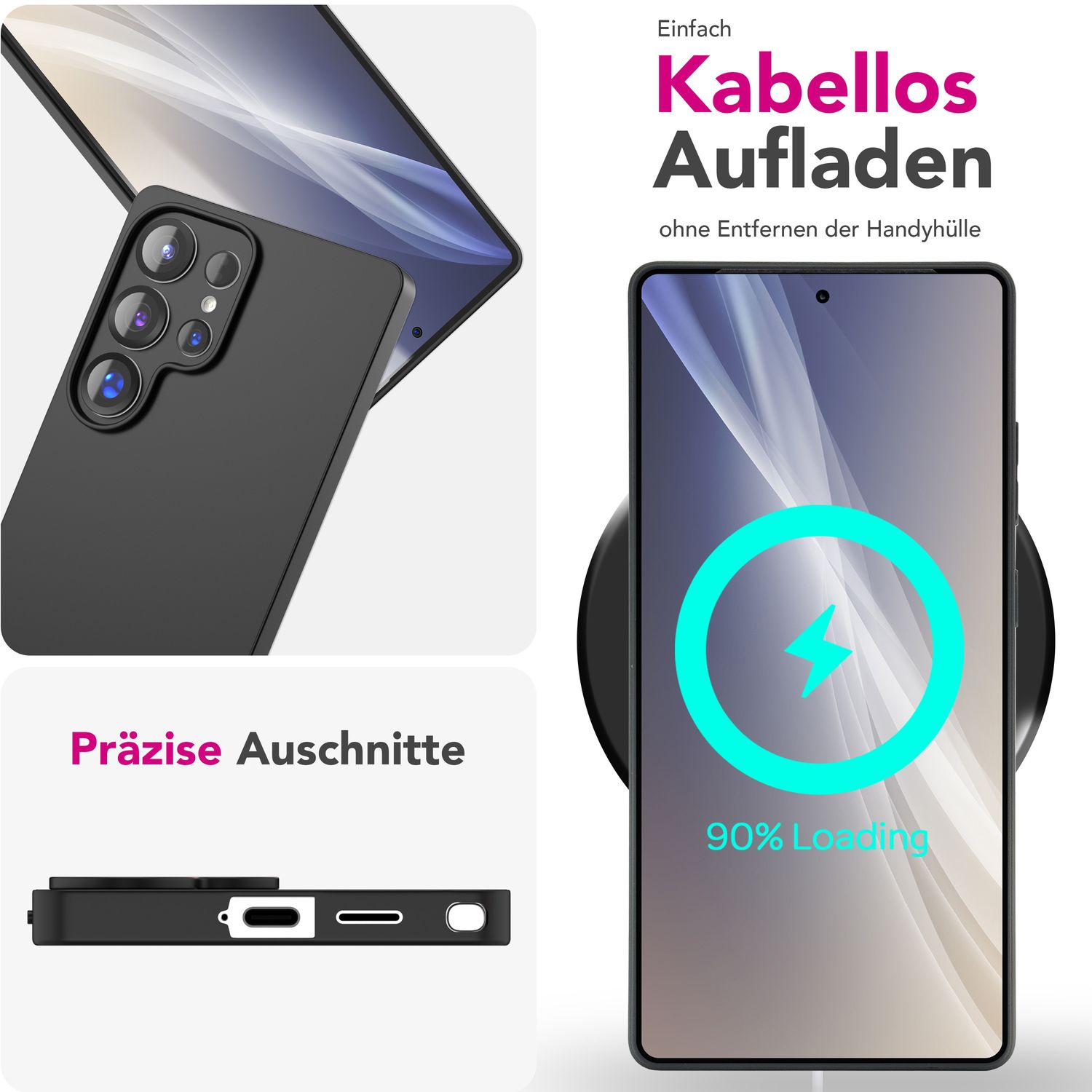 Schwarze Handyhülle mit Telefon und kabellosem Ladegerät. Text sagt 'Kabellos Aufladen' und '90% Loading'.