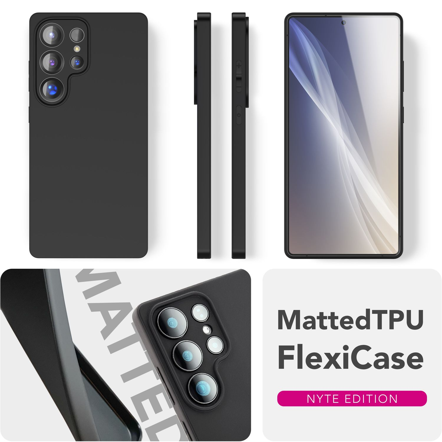 Schwarze Handyhülle. Zeigt Ober-, Seiten- und Rückansichten. Hülle liest 'Matted TPU FlexiCase'.