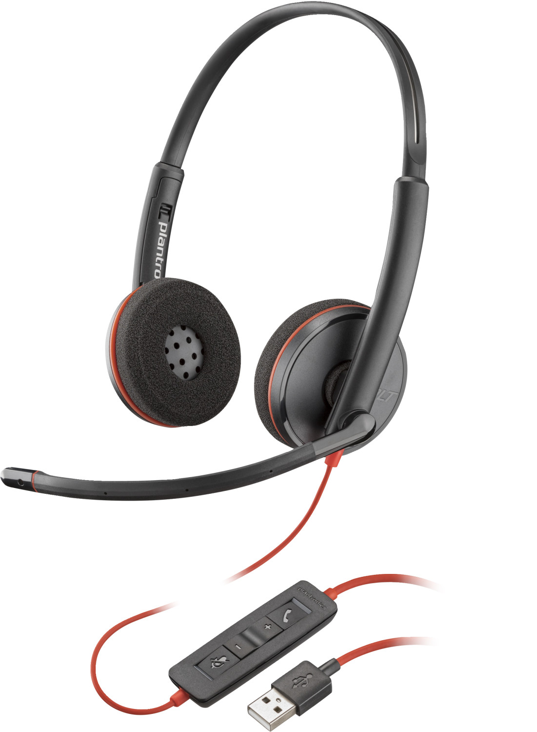 Una cuffia nera con cavo rosso e controllo, con connettore USB.