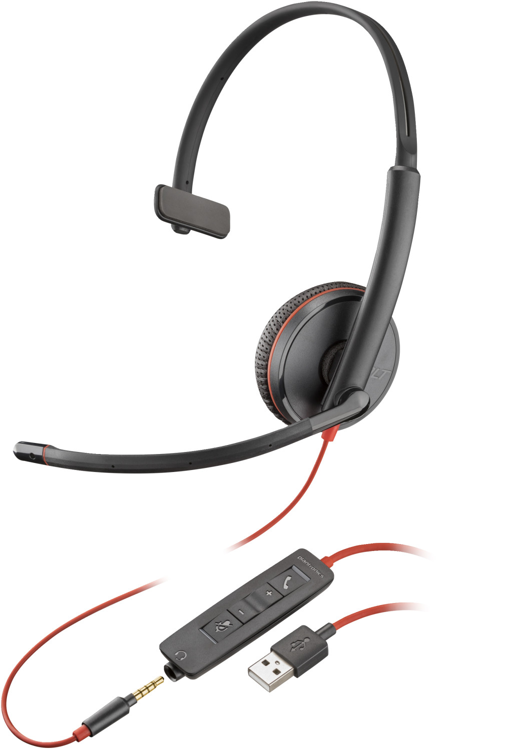 Cuffie nere con cavo e controller rossi.