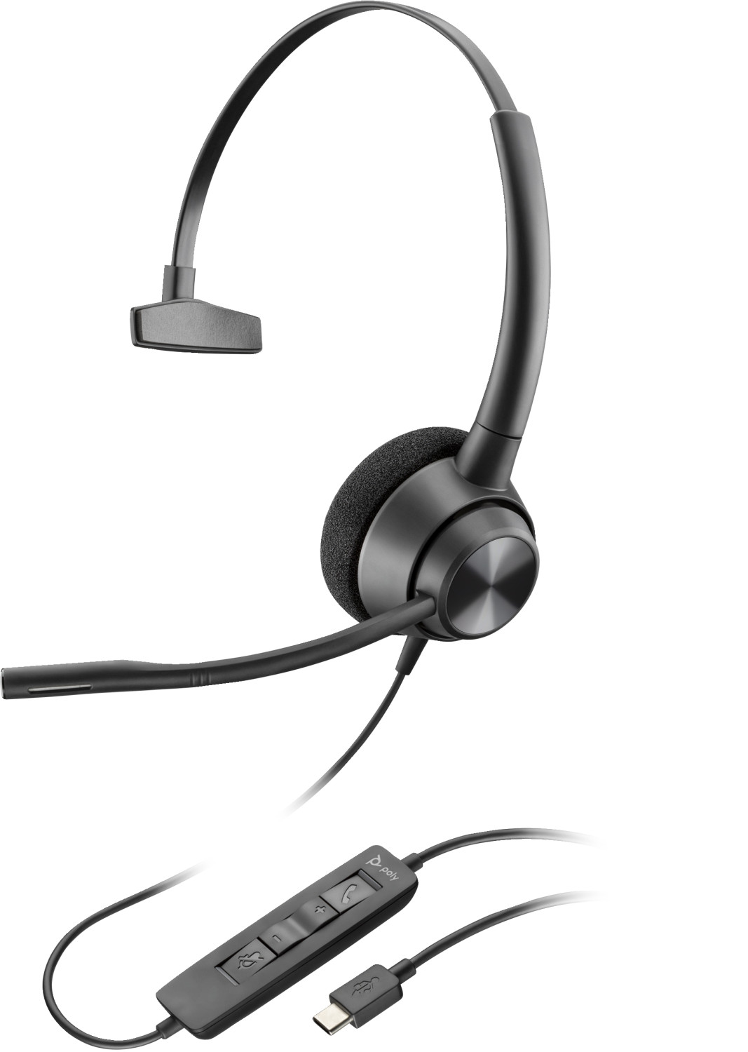 Cuffie nere con microfono e connettore USB-C. Le cuffie hanno un pannello di controllo.