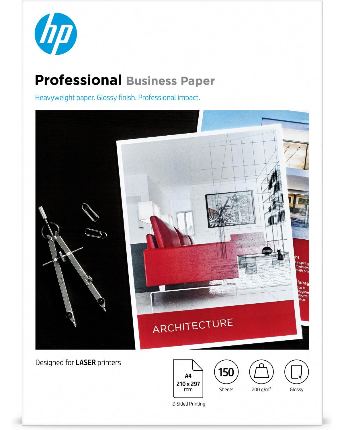Carta Business HP: Compasso, graffette, interno moderno con divano rosso.