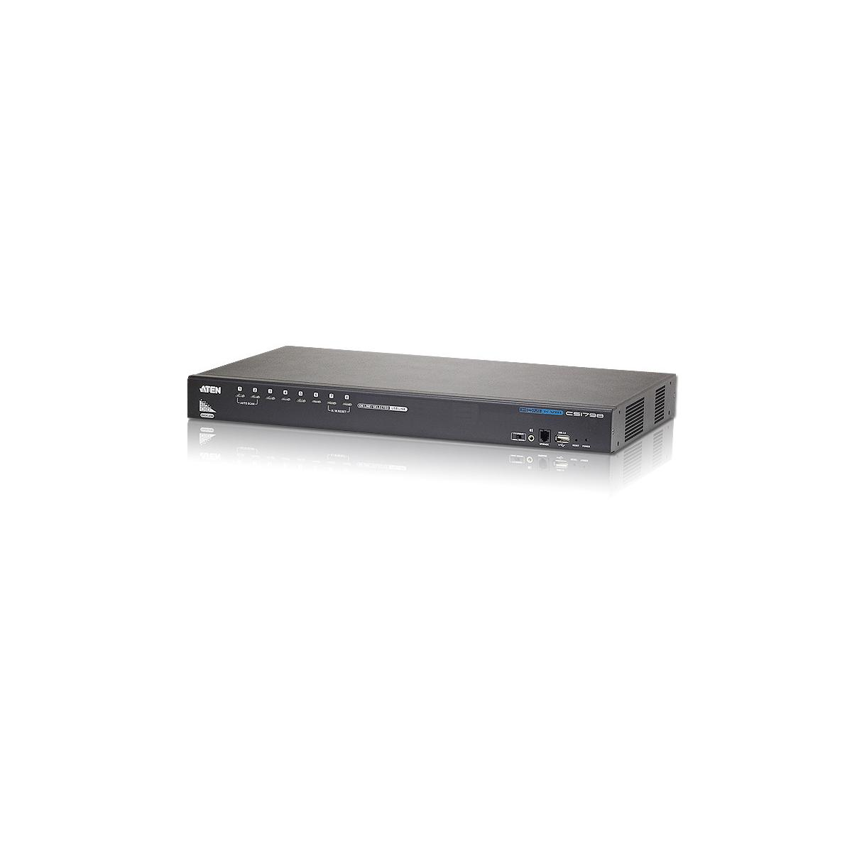 Schwarzer Aten-Netzwerk-Switch. Frontplatte mit Lichtern und Anschlüssen, weißer Hintergrund.