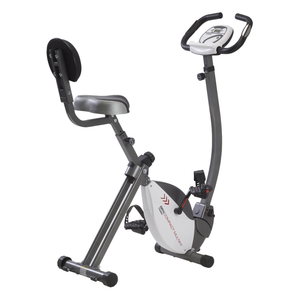 Stationaire hometrainer, wit en grijs, schuine weergave.