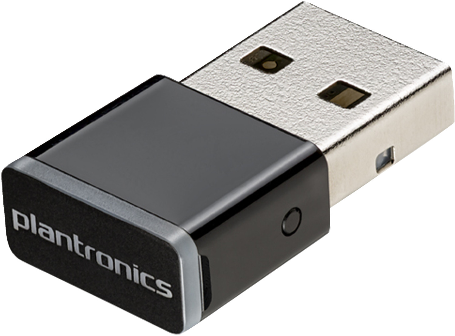 Adaptador USB Plantronics negro y plateado. El adaptador tiene el logotipo de Plantronics. Fondo blanco.