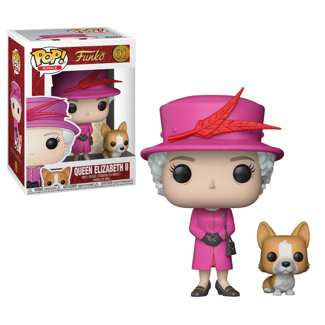 Figurka Funko Pop! Królowej Elżbiety II z corgi i pudełkiem. Figurka ma na sobie różowy strój.
