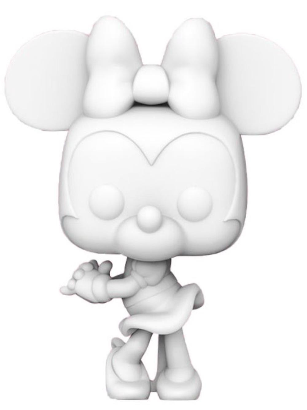Una statuina bianca di Minnie Mouse. Ha un grande fiocco, orecchie ed è in posa eretta.