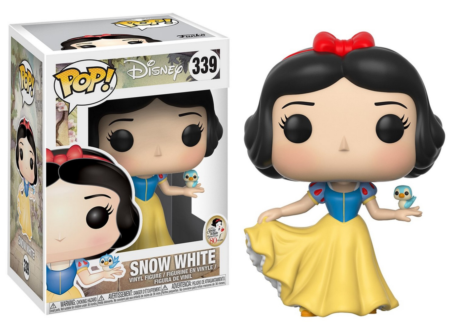 Figurka Snow White Funko Pop w pudełku i poza nim. Żółta sukienka, ptak na dłoni.