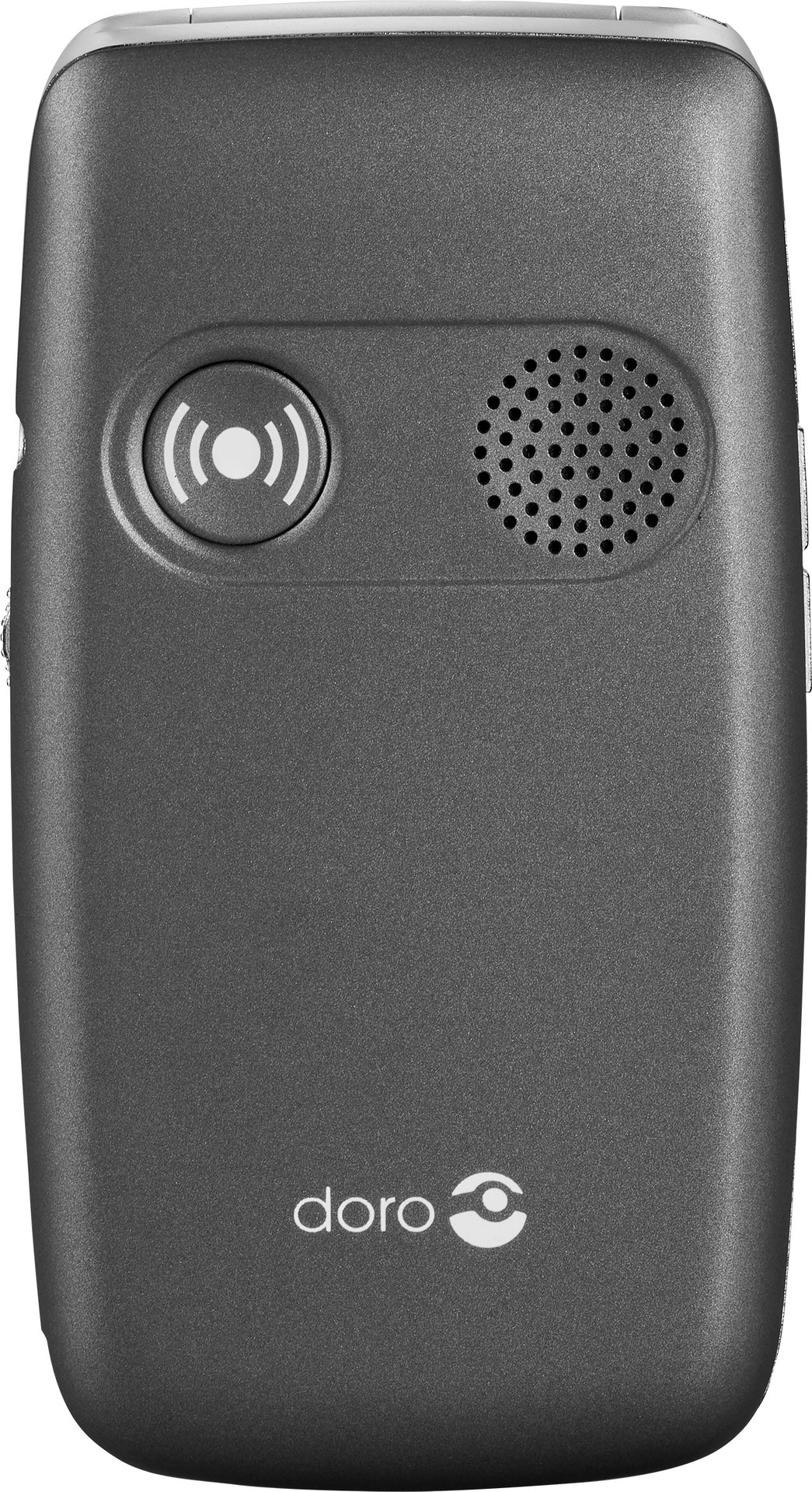 Ciemnoszary telefon Doro z głośnikiem i przyciskiem.