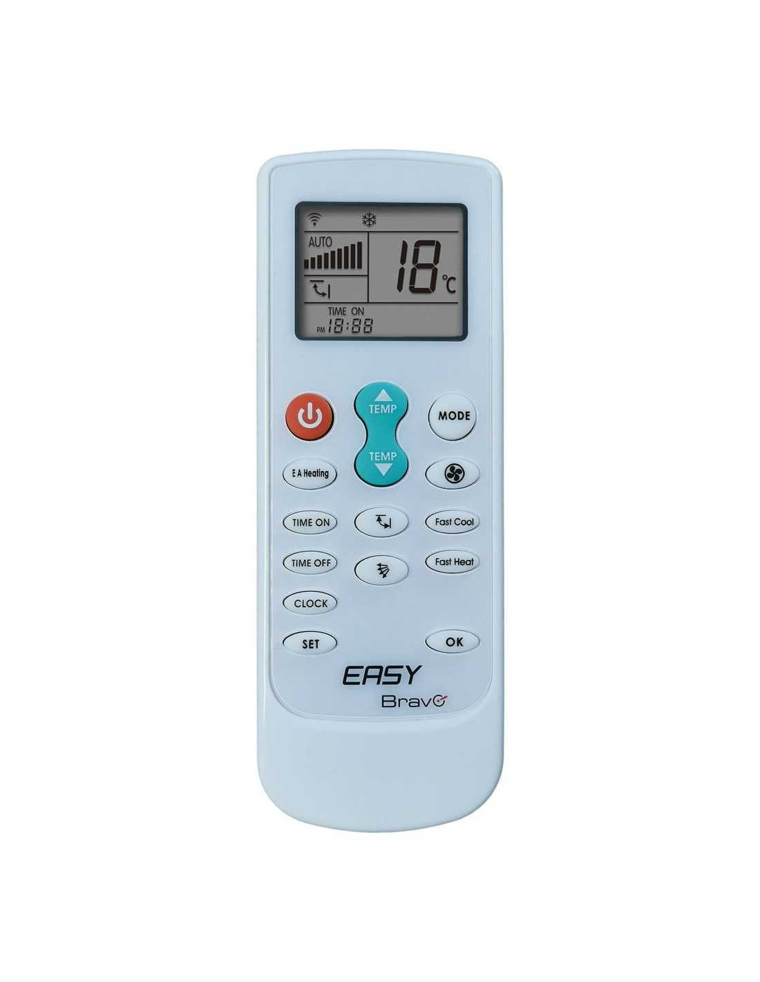 Telecomando bianco con pulsanti e display che mostra 18°C. Logo Easy Bravo.