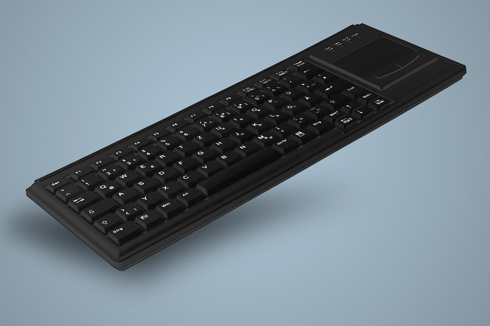 Una tastiera wireless nera con touchpad. Ha un layout QWERTY completo.