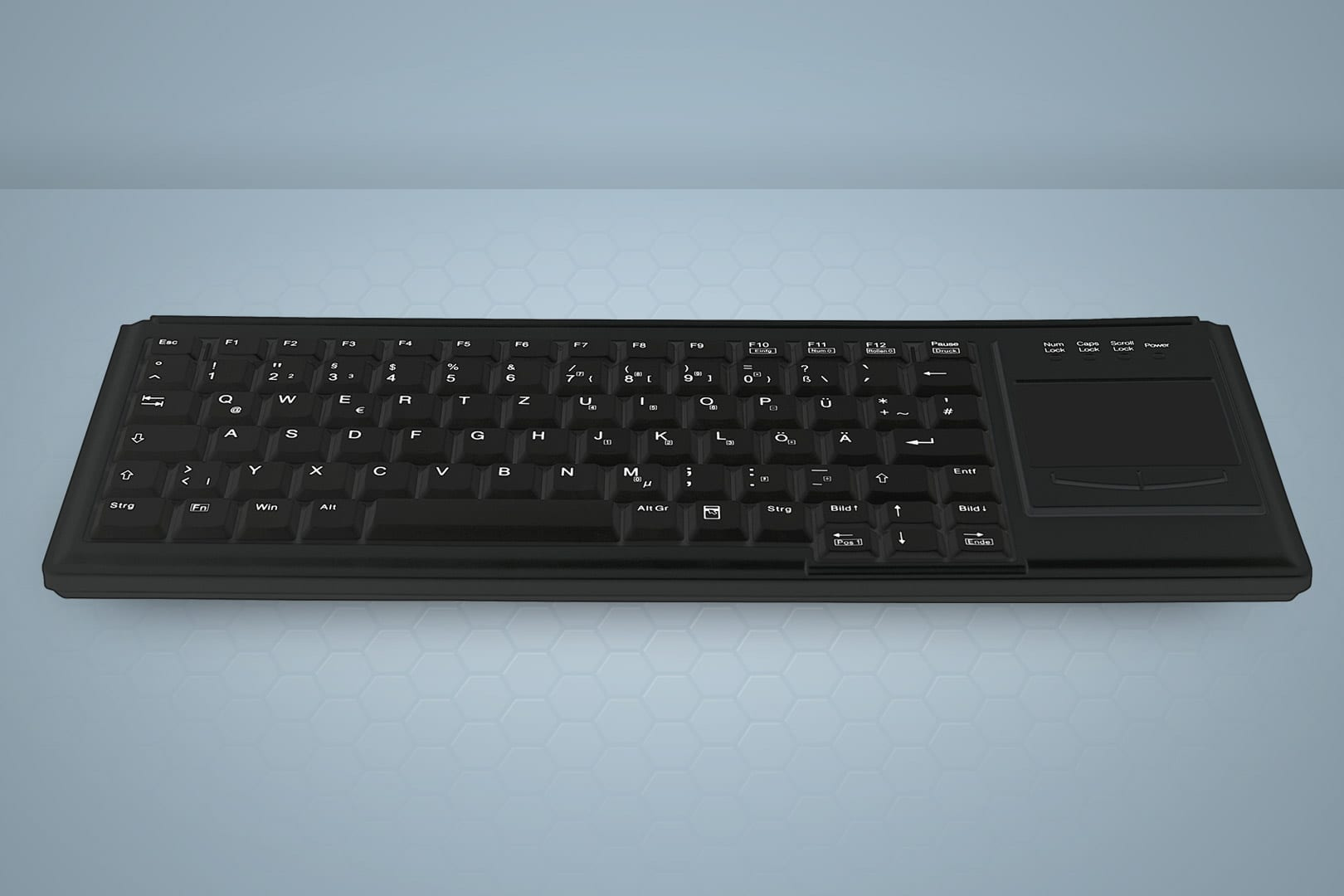 Tastiera nera con touchpad. Ha un layout QWERTY completo e un design piatto, nero.