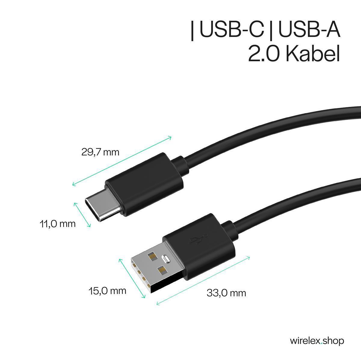 Zwei schwarze USB-C-auf-USB-A 2.0-Kabel. Ein Ende ist USB-C, das andere USB-A. Der Hintergrund ist weiß.