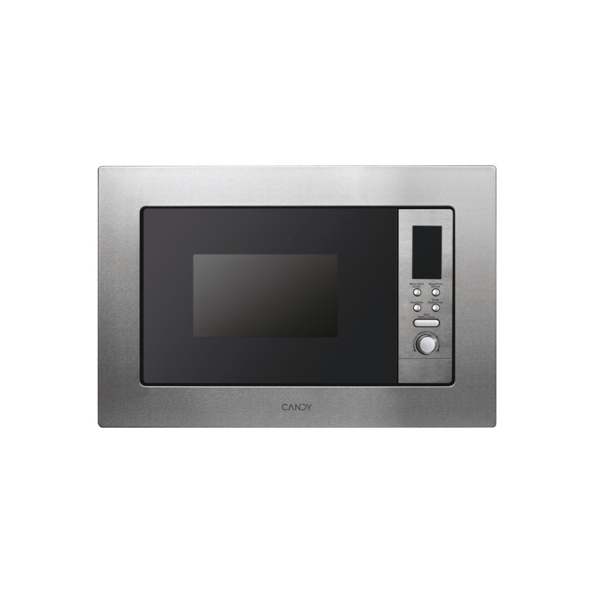 Un horno microondas Candy plateado con puerta negra y panel de control, sobre fondo blanco.