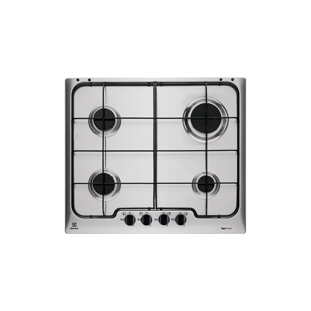 Una placa de cocina de gas de acero inoxidable con cuatro quemadores y perillas de control.