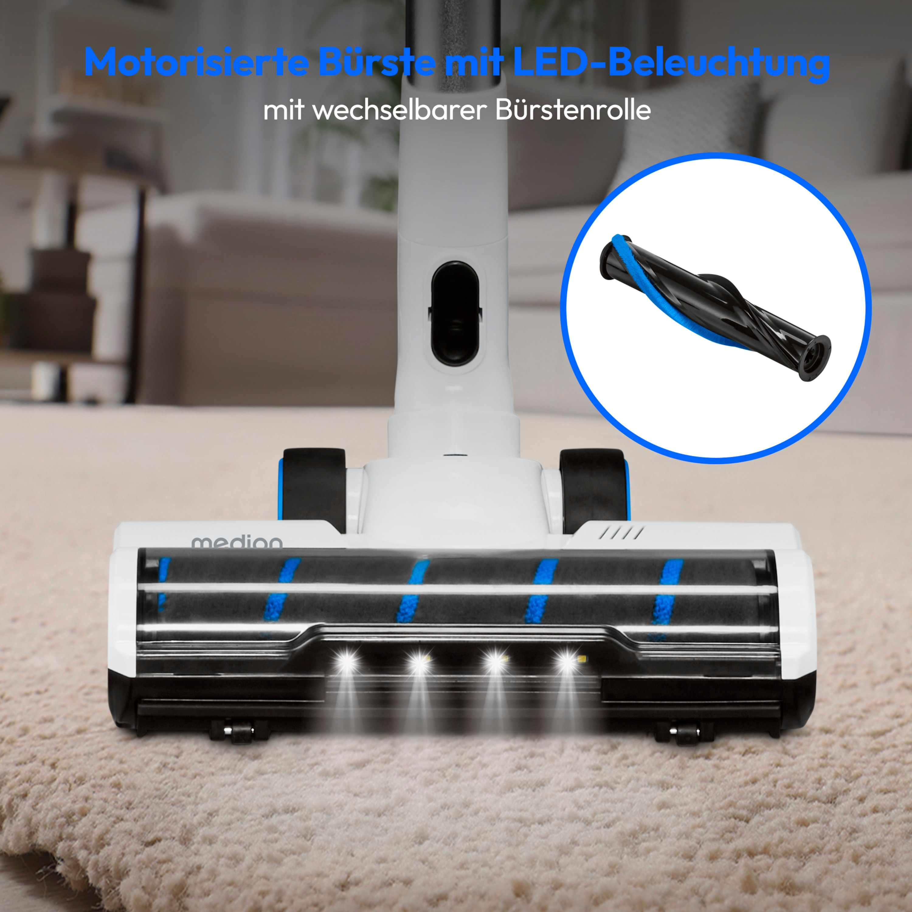 Tête d'aspirateur avec brosse bleue et blanche. Sur un tapis.