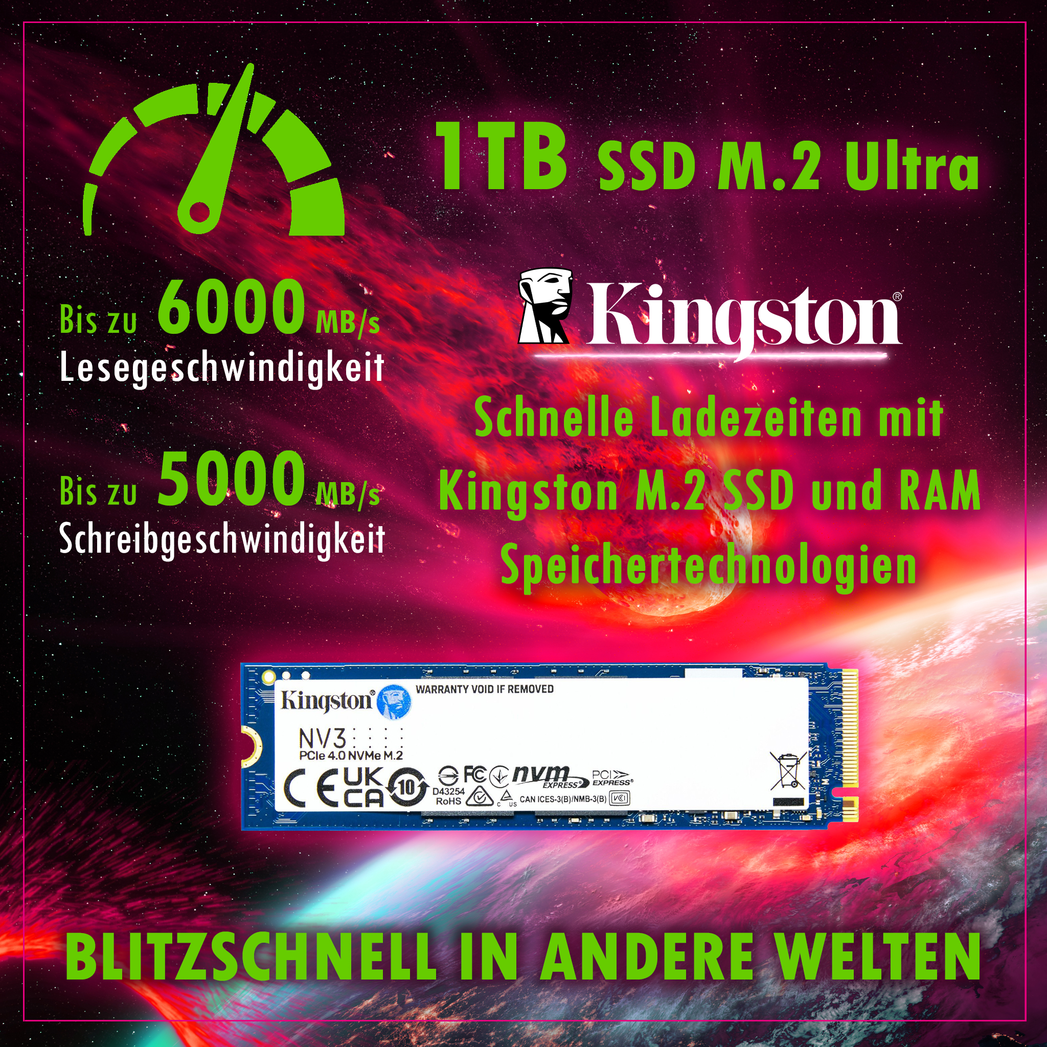 Eine Werbung für eine 1TB SSD M.2. Text enthält Geschwindigkeit und Kingston-Branding.